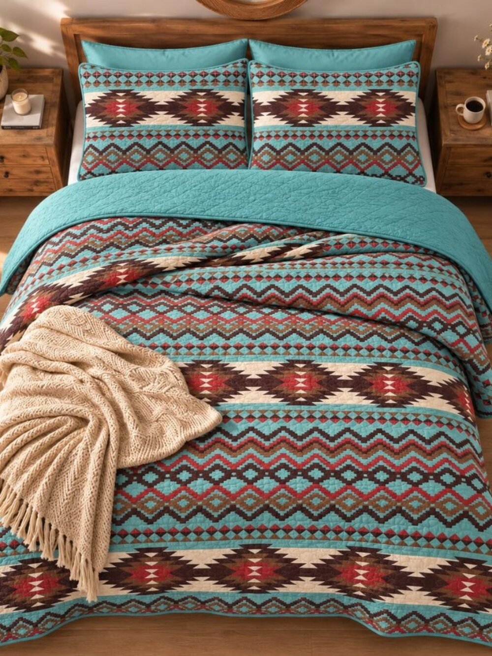 Rustic Southwestern Quilt Stitched Western Bedspread Bedding Set with Tribal